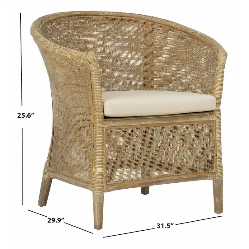 Fauteuil en rotin avec coussin — Finition blanchie, design incurvé et assise en lin