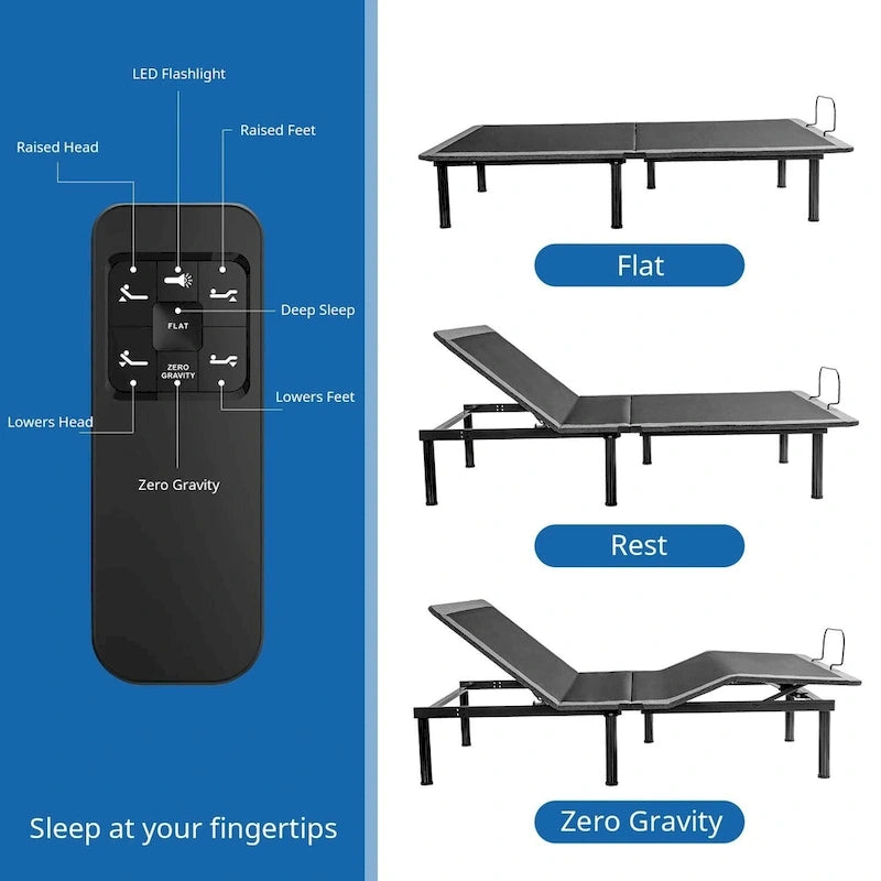 Base de lit électrique réglable avec télécommande sans fil, inclinaison de la tête et des pieds