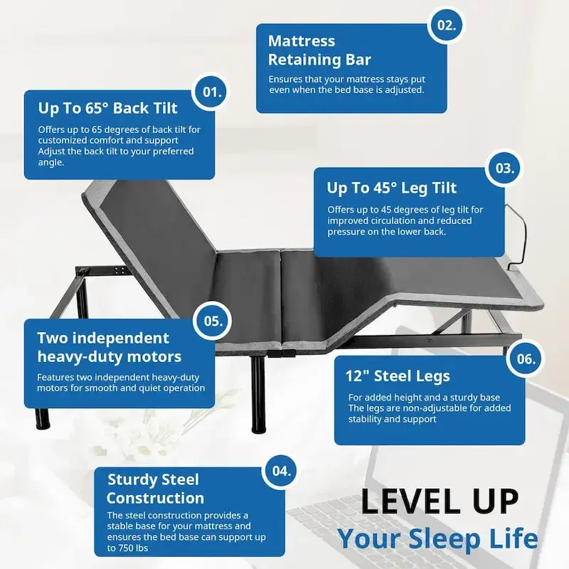 Base de lit électrique réglable avec télécommande sans fil, inclinaison de la tête et des pieds