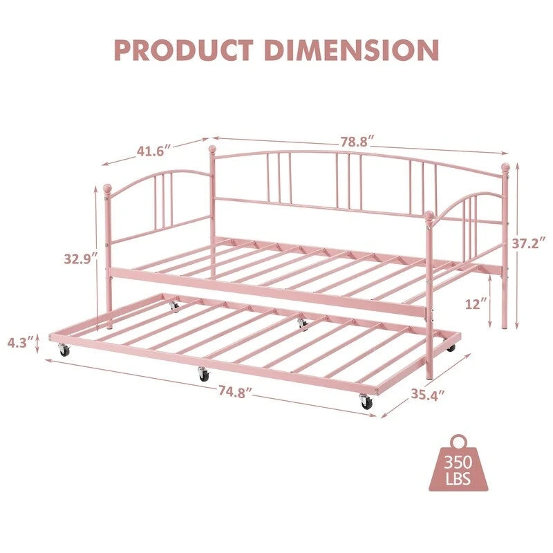 Lit de repos double en métal avec lit gigogne escamotable et rangement sous le lit