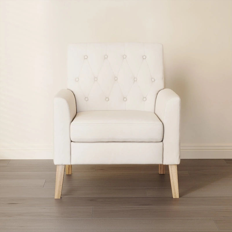 Fauteuil d'appoint rembourré de style Mid-Century — Tissu lin, dossier capitonné et pieds en bois massif
