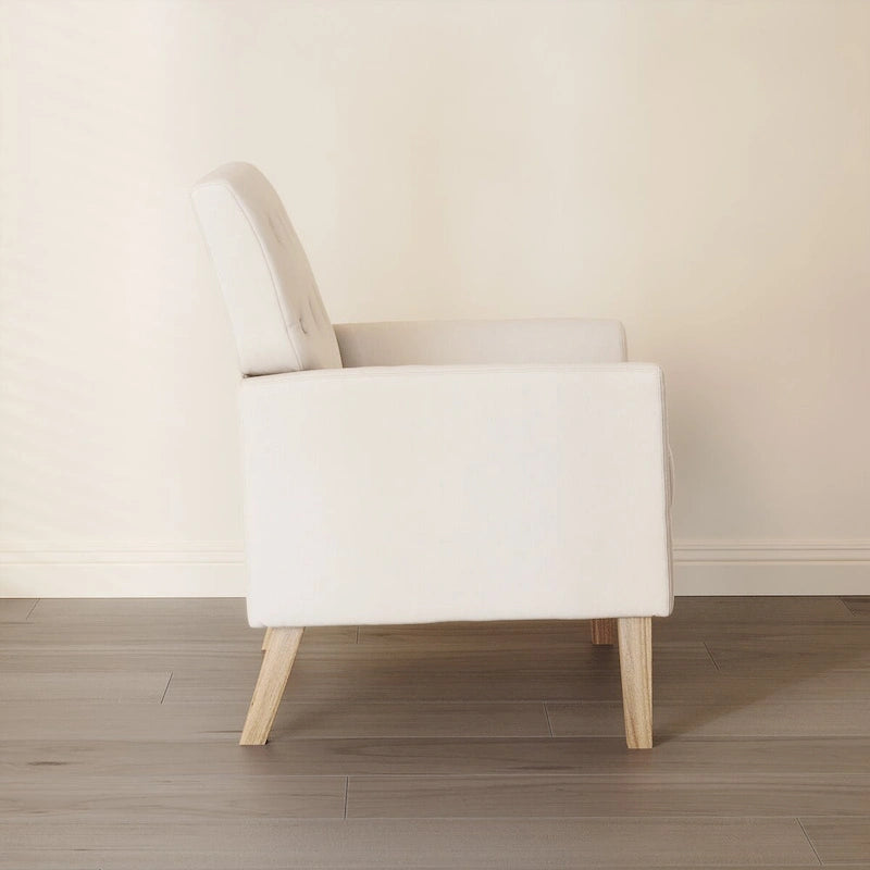 Fauteuil d'appoint rembourré de style Mid-Century — Tissu lin, dossier capitonné et pieds en bois massif