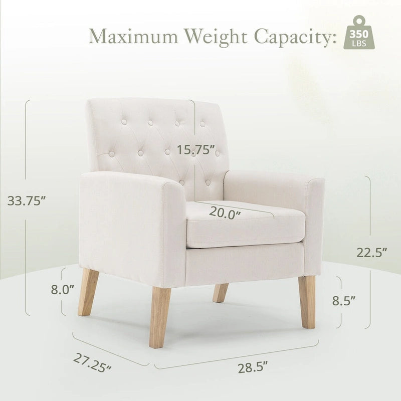 Fauteuil d'appoint rembourré de style Mid-Century — Tissu lin, dossier capitonné et pieds en bois massif