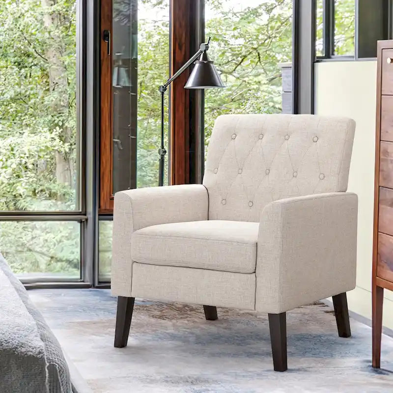 Fauteuil d'appoint rembourré de style Mid-Century — Tissu lin, dossier capitonné et pieds en bois massif