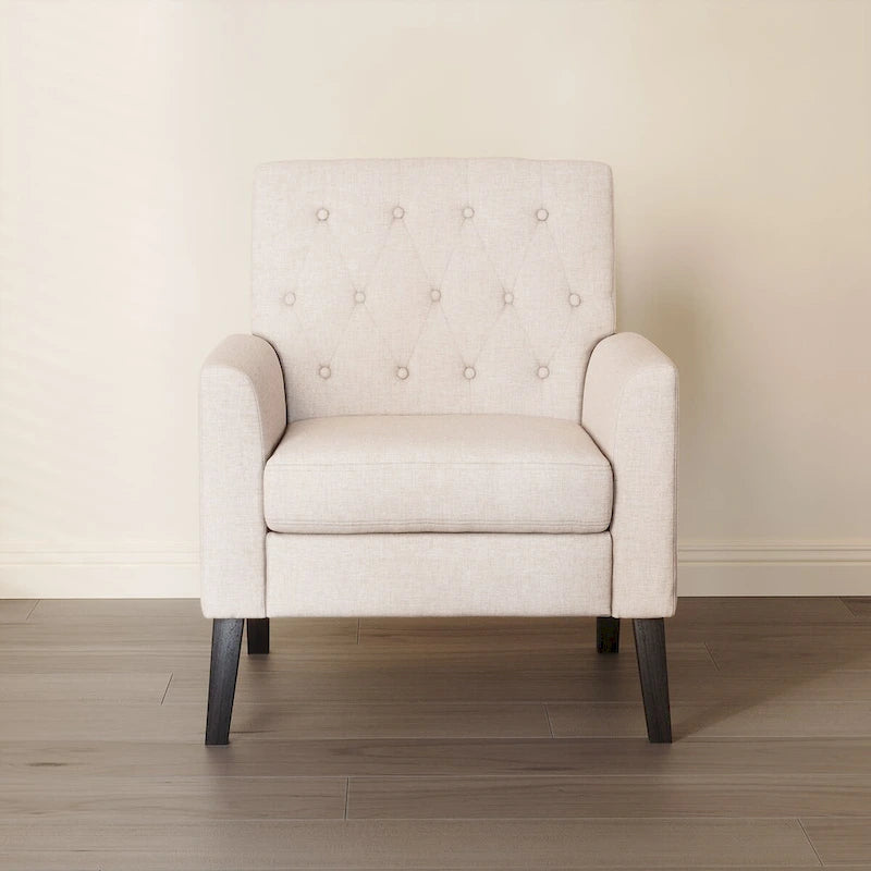 Fauteuil d'appoint rembourré de style Mid-Century — Tissu lin, dossier capitonné et pieds en bois massif