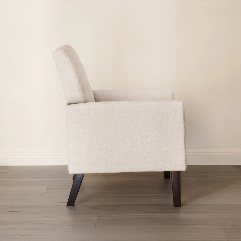 Fauteuil d'appoint rembourré de style Mid-Century — Tissu lin, dossier capitonné et pieds en bois massif