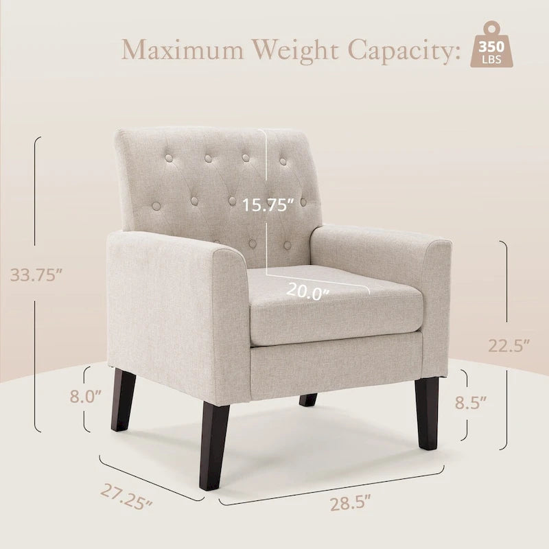 Fauteuil d'appoint rembourré de style Mid-Century — Tissu lin, dossier capitonné et pieds en bois massif