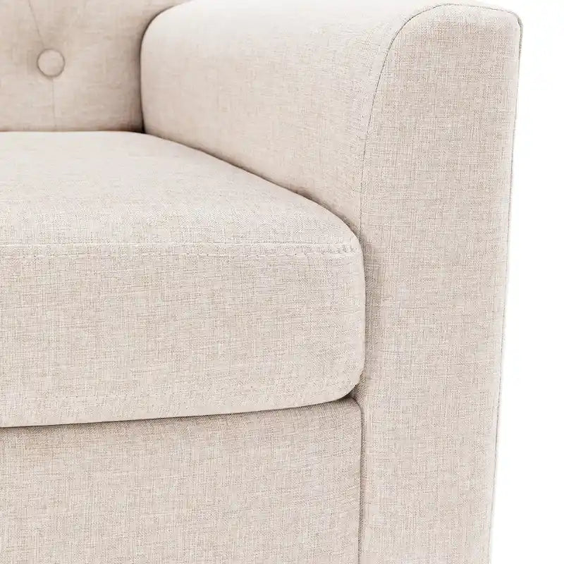 Fauteuil d'appoint rembourré de style Mid-Century — Tissu lin, dossier capitonné et pieds en bois massif