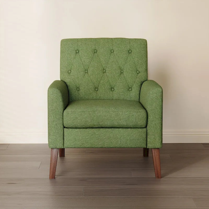 Fauteuil d'appoint rembourré de style Mid-Century — Tissu lin, dossier capitonné et pieds en bois massif
