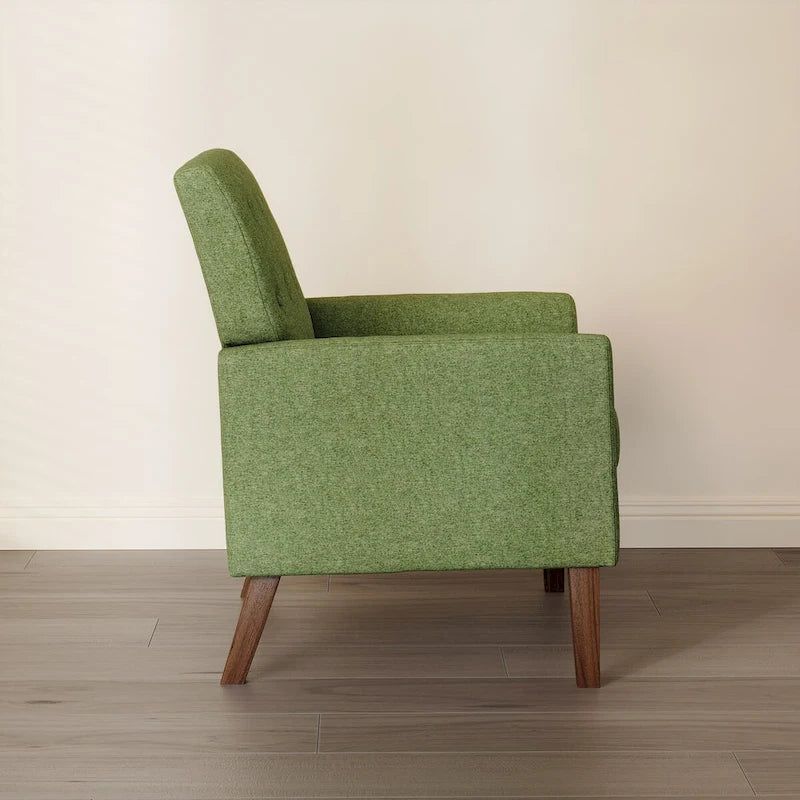 Fauteuil d'appoint rembourré de style Mid-Century — Tissu lin, dossier capitonné et pieds en bois massif
