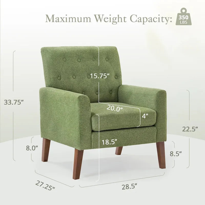 Fauteuil d'appoint rembourré de style Mid-Century — Tissu lin, dossier capitonné et pieds en bois massif