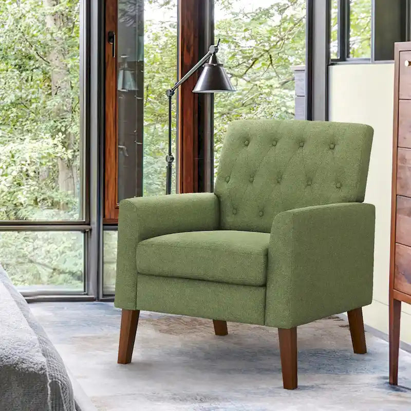 Fauteuil d'appoint rembourré de style Mid-Century — Tissu lin, dossier capitonné et pieds en bois massif