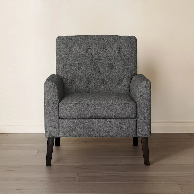 Fauteuil d'appoint rembourré de style Mid-Century — Tissu lin, dossier capitonné et pieds en bois massif
