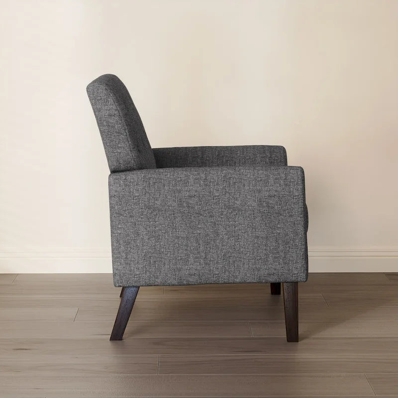 Fauteuil d'appoint rembourré de style Mid-Century — Tissu lin, dossier capitonné et pieds en bois massif