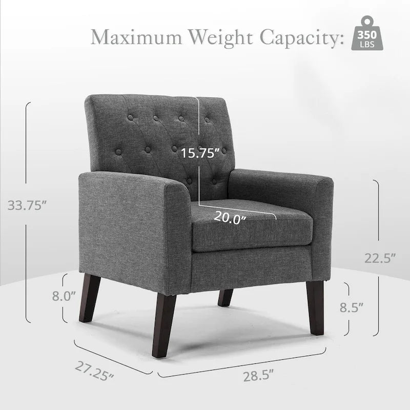 Fauteuil d'appoint rembourré de style Mid-Century — Tissu lin, dossier capitonné et pieds en bois massif