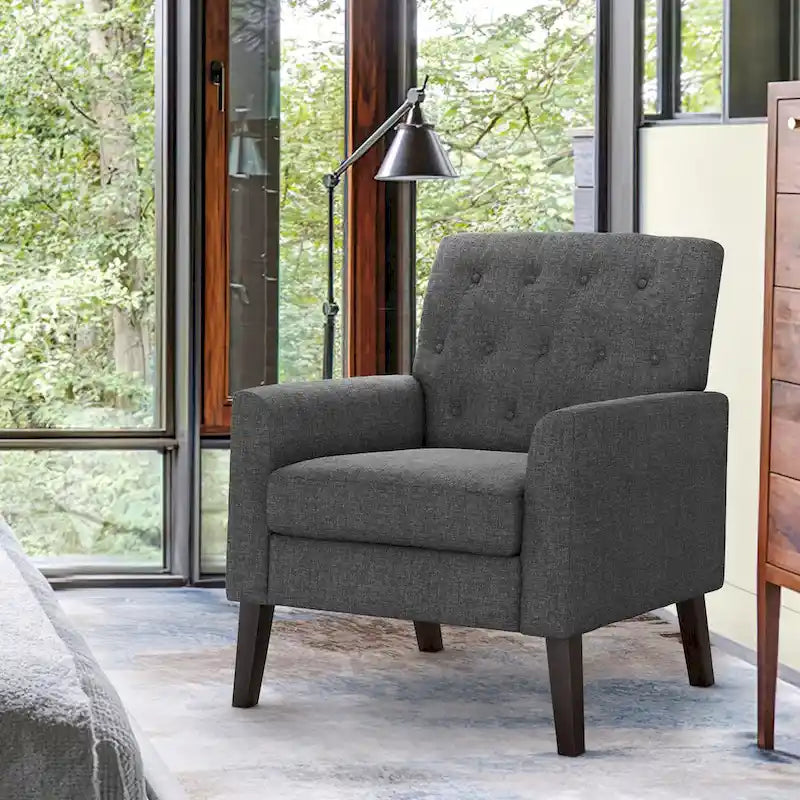 Fauteuil d'appoint rembourré de style Mid-Century — Tissu lin, dossier capitonné et pieds en bois massif