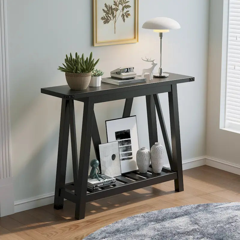 Console étroite avec étagère de rangement à lattes — Table d'entrée, de couloir et de canapé
