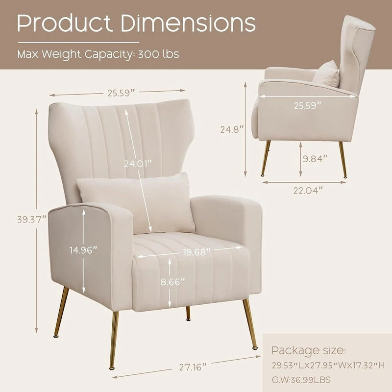 Fauteuil d'appoint dossier haut en velours avec coussin lombaire amovible