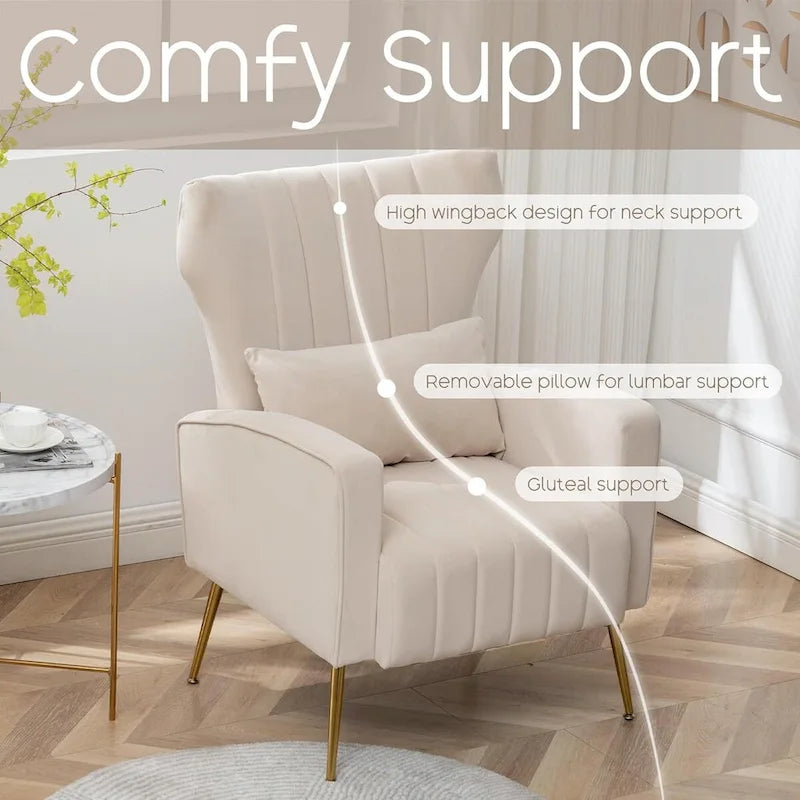 Fauteuil d'appoint dossier haut en velours avec coussin lombaire amovible