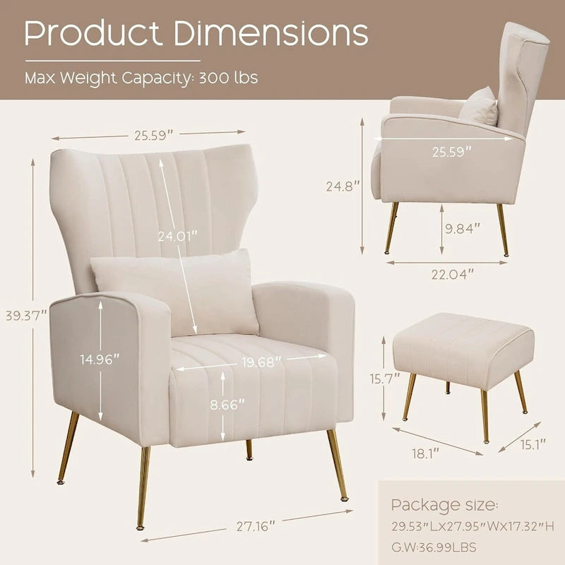 Fauteuil d'appoint dossier haut en velours avec coussin lombaire amovible