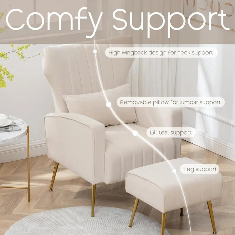 Fauteuil d'appoint dossier haut en velours avec coussin lombaire amovible