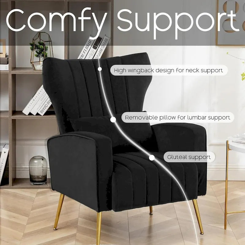 Fauteuil d'appoint dossier haut en velours avec coussin lombaire amovible