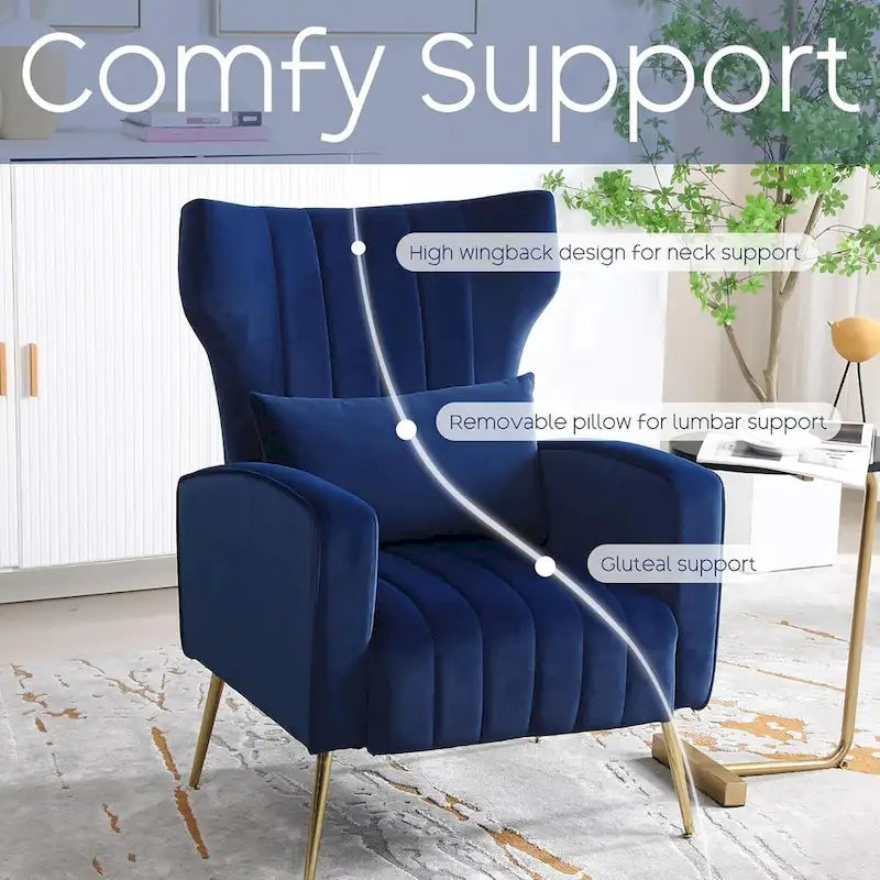 Fauteuil d'appoint dossier haut en velours avec coussin lombaire amovible