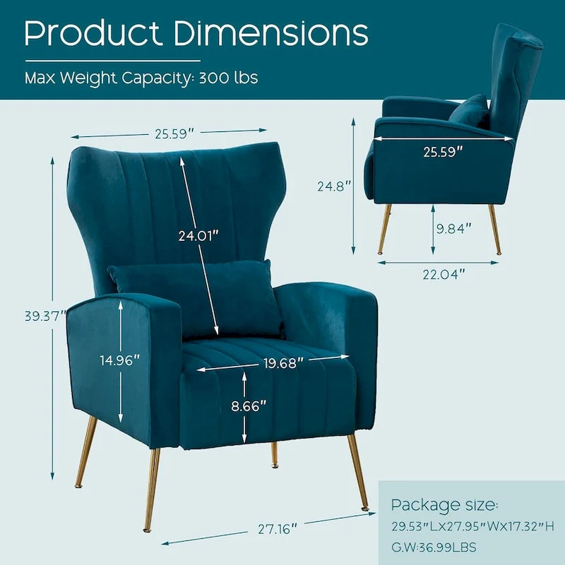 Fauteuil d'appoint dossier haut en velours avec coussin lombaire amovible