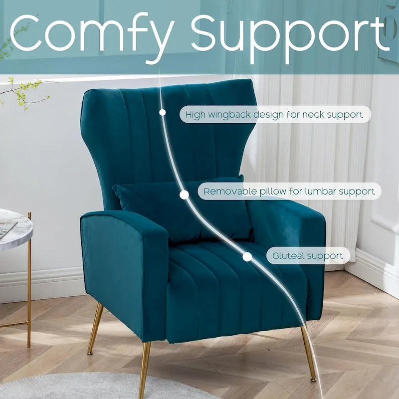 Fauteuil d'appoint dossier haut en velours avec coussin lombaire amovible