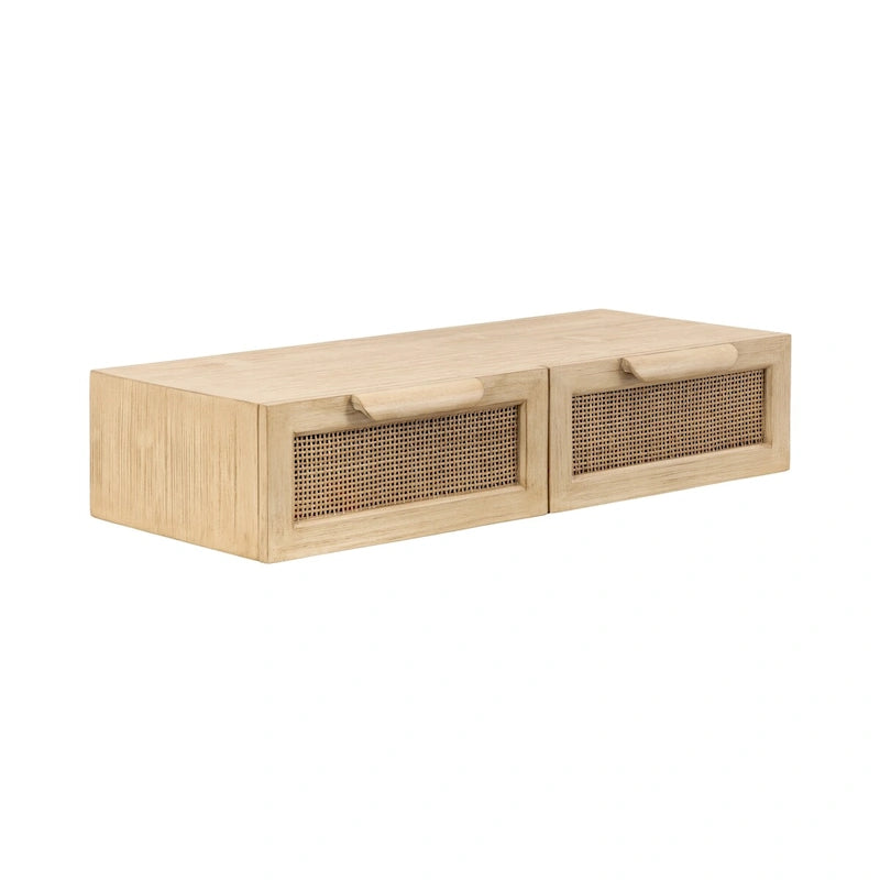 Console murale flottante avec tiroirs en rotin — Bois massif, fixation en Z, finition naturelle