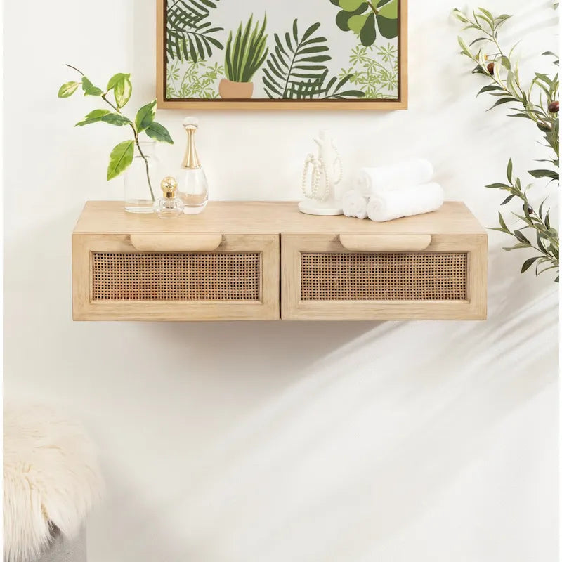 Console murale flottante avec tiroirs en rotin — Bois massif, fixation en Z, finition naturelle