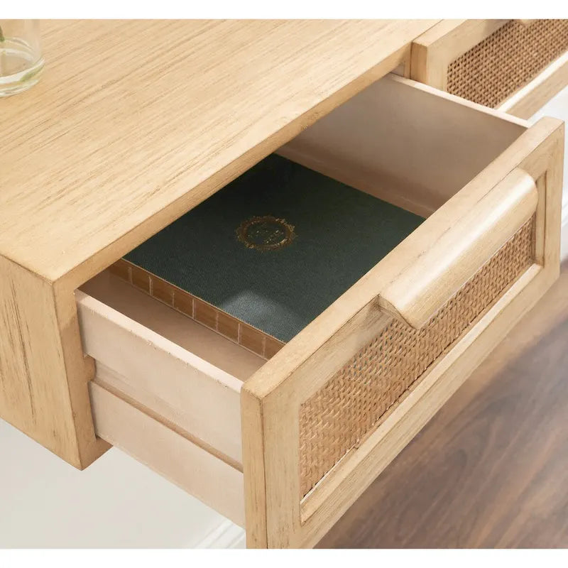 Console murale flottante avec tiroirs en rotin — Bois massif, fixation en Z, finition naturelle
