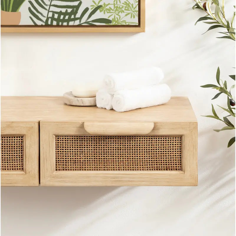 Console murale flottante avec tiroirs en rotin — Bois massif, fixation en Z, finition naturelle