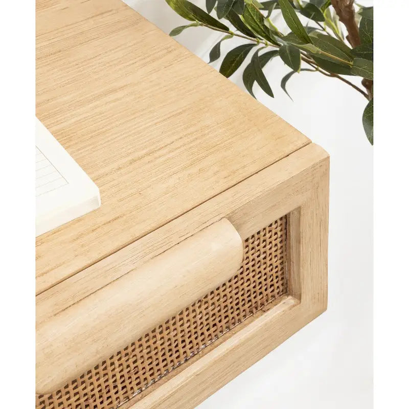 Console murale flottante avec tiroirs en rotin — Bois massif, fixation en Z, finition naturelle