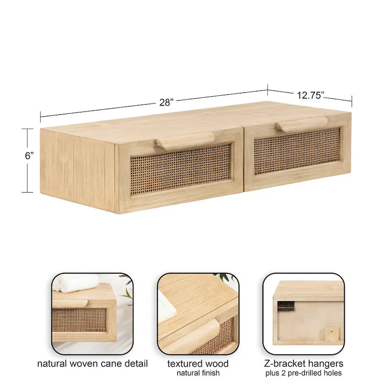 Console murale flottante avec tiroirs en rotin — Bois massif, fixation en Z, finition naturelle