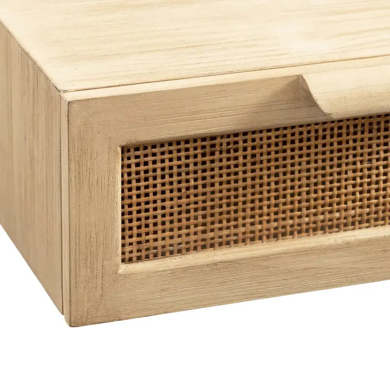 Console murale flottante avec tiroirs en rotin — Bois massif, fixation en Z, finition naturelle