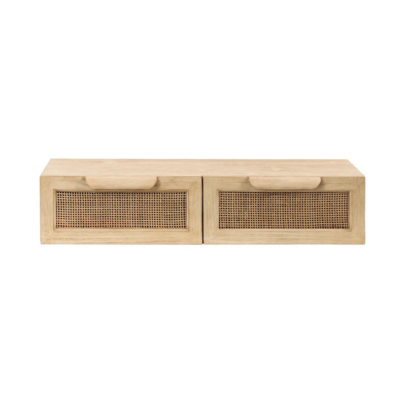 Console murale flottante avec tiroirs en rotin — Bois massif, fixation en Z, finition naturelle