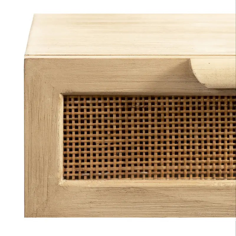 Console murale flottante avec tiroirs en rotin — Bois massif, fixation en Z, finition naturelle